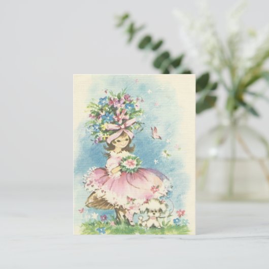 Vintages Blumenmädchen Postkarte (Stehend Vorderseite)