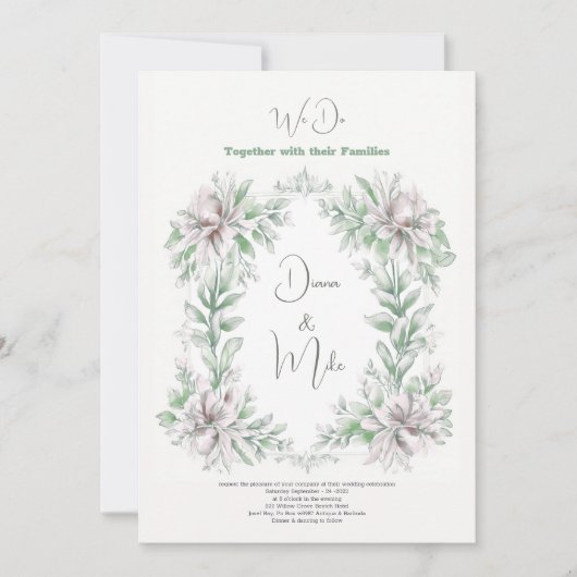 Vintages Blumenmuster grün, mit Details, Einladung (Vorderseite)