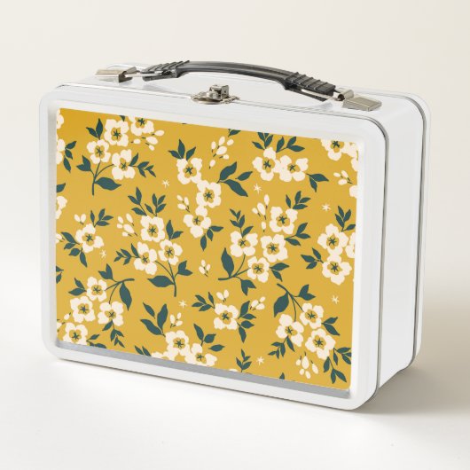 Vintages Blumenmuster, kleine weiße Blume. Metall Brotdose (Vorderseite)