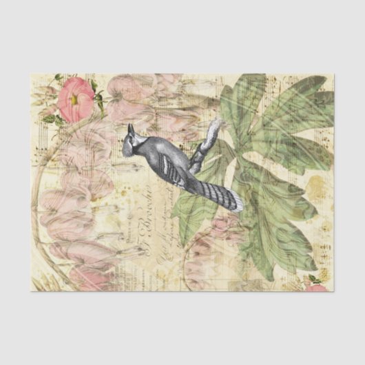 Vintages Blumenmuster mit blauem Jay Seidenpapier (Vorderseite)