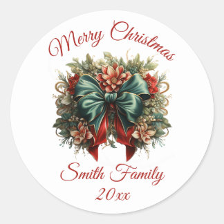 Vintages Blumenmuster mit Bows Weihnachtsaufkleber Runder Aufkleber