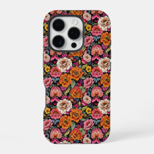 Vintages Blumenmuster mit fett schwarzen Farben iPhone 16 Pro Hülle