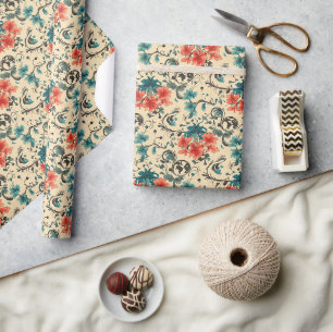 Vintages Blumenmuster mit roten und Aquamarinen Bl Geschenkpapier