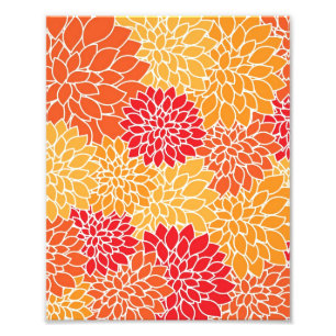 Vintages Blumenmuster Orange Red Dahlias Blume Fotodruck