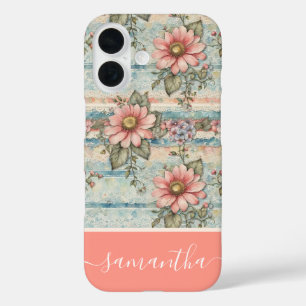 Vintages Blumenmuster Peach-Individuelle Name iPhone 16 Hülle