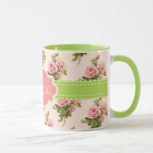 Vintages BlumenName-Rosa-Grün Tasse