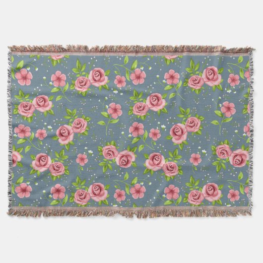 Vintages BlumenRosen-Rosa-Grün-Muster Decke (Vorderseite)