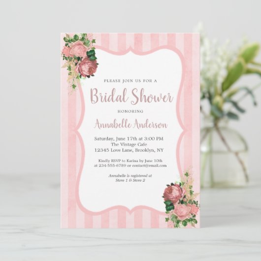 Vintages Blumenrot Rosa Streifen Brautparty Einladung (Stehend Vorderseite)