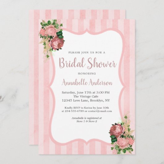 Vintages Blumenrot Rosa Streifen Brautparty Einladung (Vorne/Hinten)