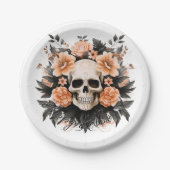 Vintages Blumenschädel Halloween Pappteller (Vorderseite)
