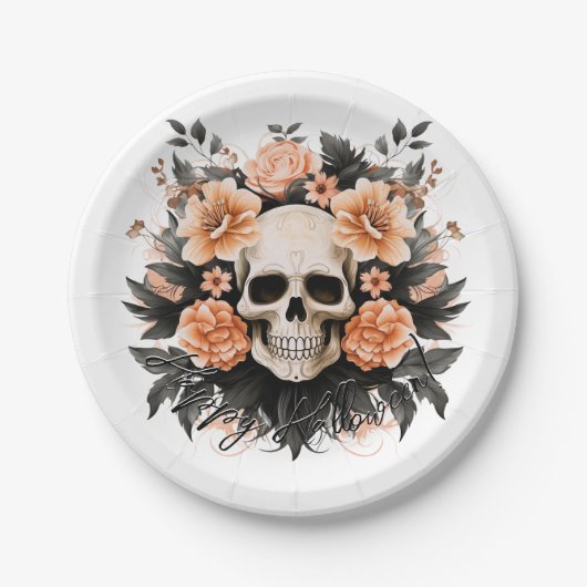 Vintages Blumenschädel Halloween Pappteller (Vorderseite)