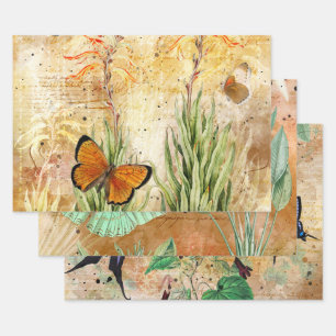 Vintages Blumenschmetterlingsdekouver Geschenkpapier Set