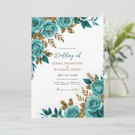 Vintages Blumenwasser Gold Aquamarine Hochzeit Einladung (Stehend Vorderseite)