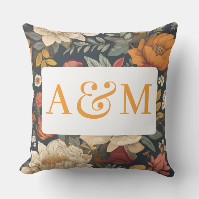 Vintages Boho-Floral-Muster mit Doppelmonogramm Kissen (Vorderseite)