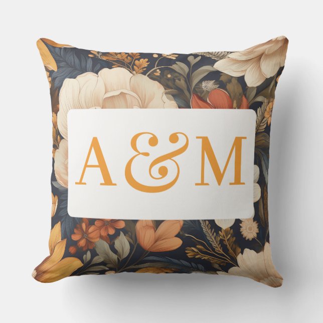 Vintages Boho-Floral-Muster mit Doppelmonogramm Kissen (Vorderseite)