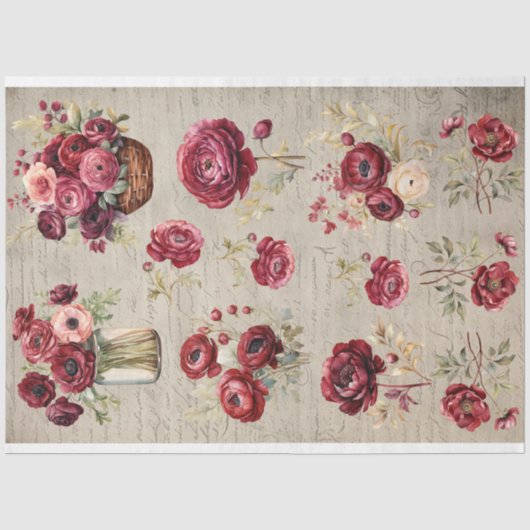 Vintages Bordeaux Ranunculus Blume altes Papier (Vorderseite)