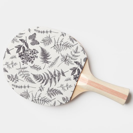 Vintages Botanik- und Schmetterlingsmuster Tischtennis Schläger (Seitenansicht)