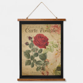 Vintages botanisches Band - Schwarzer Hintergrund Wandteppich Mit Holzrahmen