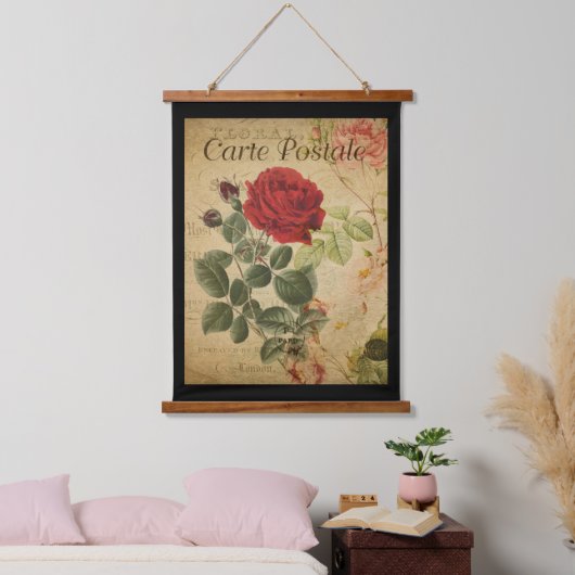 Vintages botanisches Band - Schwarzer Hintergrund  Wandteppich Mit Holzrahmen (Schlafzimmer)