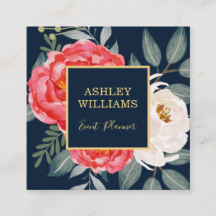 Vintages botanisches Blumen-/Marine-Rot-Gold Quadratische Visitenkarte