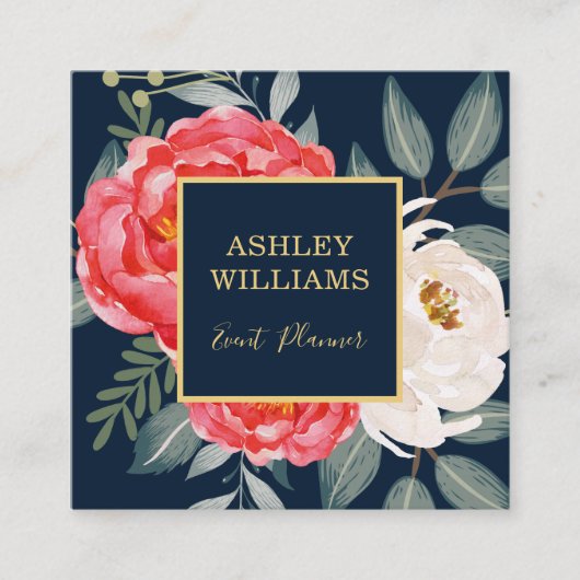 Vintages botanisches Blumen-/Marine-Rot-Gold Quadratische Visitenkarte (Vorderseite)