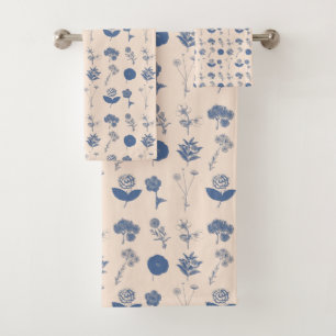 Vintages botanisches Blumenmuster Blau Badhandtuch Set