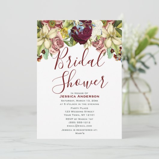 Vintages botanisches Burgundy-Gold-Brautparty Einladung (Stehend Vorderseite)