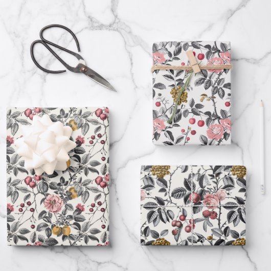 Vintages botanisches Graviermuster - Romantik Geschenkpapier Set (Vorderseite)