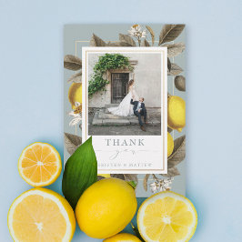 Vintages botanisches Lemon Wedding Dusty Blue Foto Dankeskarte