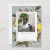 Vintages botanisches Lemon Wedding Dusty Blue Foto Dankeskarte (Vorderseite)