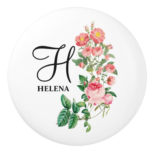 Vintages botanisches Monogramm Keramikknauf (Vorderseite)