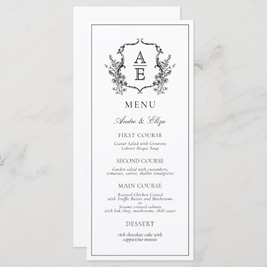 Vintages botanisches Monogramm-Wappen Menükarte (Vorne/Hinten)
