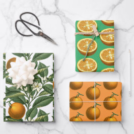 Vintages botanisches Orange Fruchtblossom Muster Geschenkpapier Set