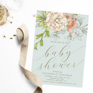 Vintages botanisches Pfirsich & Blue Floral Baby D Einladung