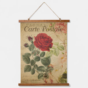 Vintages botanisches Tapestry - Französische Rote Wandteppich Mit Holzrahmen