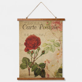 Vintages botanisches Tapestry - Französische Rote Wandteppich Mit Holzrahmen