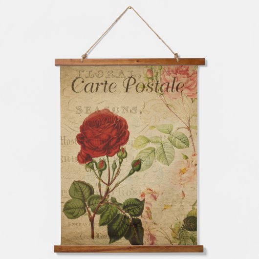 Vintages botanisches Tapestry - Französische Rote  Wandteppich Mit Holzrahmen (Vorderseite)