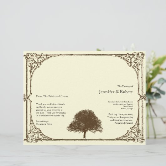 Vintages Braun-Eichenbaum-Hochzeitsprogramm (Stehend Vorderseite)