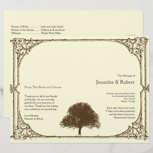 Vintages Braun-Eichenbaum-Hochzeitsprogramm (Vorne/Hinten)