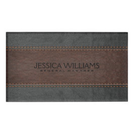 Vintages braunes und schwarzes Leder Namenschild