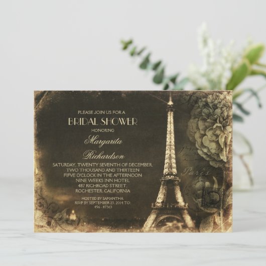 Vintages Brautparty im Pariser Eiffelturm Einladung (Stehend Vorderseite)