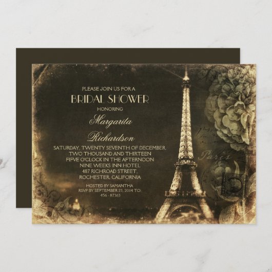 Vintages Brautparty im Pariser Eiffelturm Einladung (Vorne/Hinten)