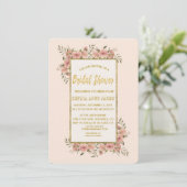 Vintages Brautparty mit Blumengoldstreifen Einladung (Stehend Vorderseite)