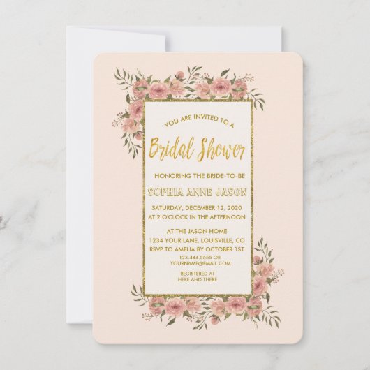 Vintages Brautparty mit Blumengoldstreifen Einladung (Vorderseite)