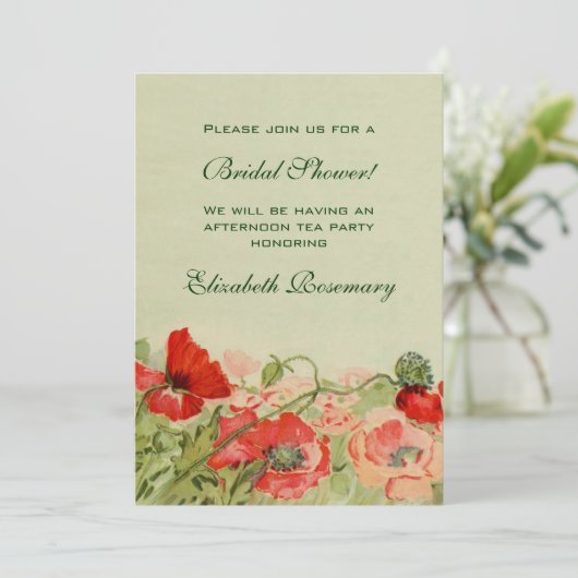 Vintages Brautparty, Rote Mohnblüte Blume Einladung (Stehend Vorderseite)