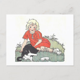 Vintages Buch Illustration Girl with Cat Postkarte