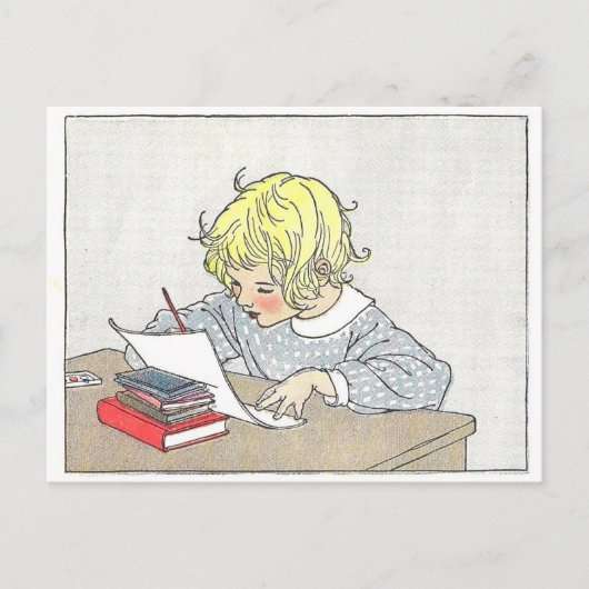 Vintages Buch Illustration Girl Writing a Letter Postkarte (Vorderseite)