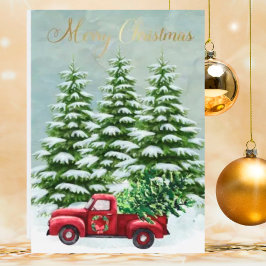 Vintages Budget Red Truck Weihnachtsbaumen Feiertagskarte