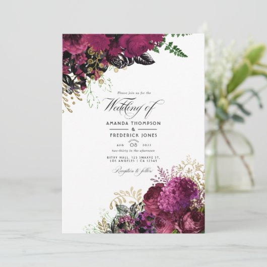 Vintages Burgund - Marsala und Goldhochzeit Einladung (Stehend Vorderseite)