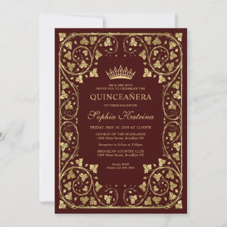 Vintages Burgund Red Gold Modernes Tiara Quinceane Einladung